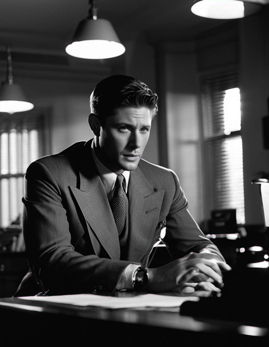 25218-3782016183-film still noir style, 1940s style, black and white, jensen ackles, in 1940s clothes, in office, sitting behind a desk, dramatic.png